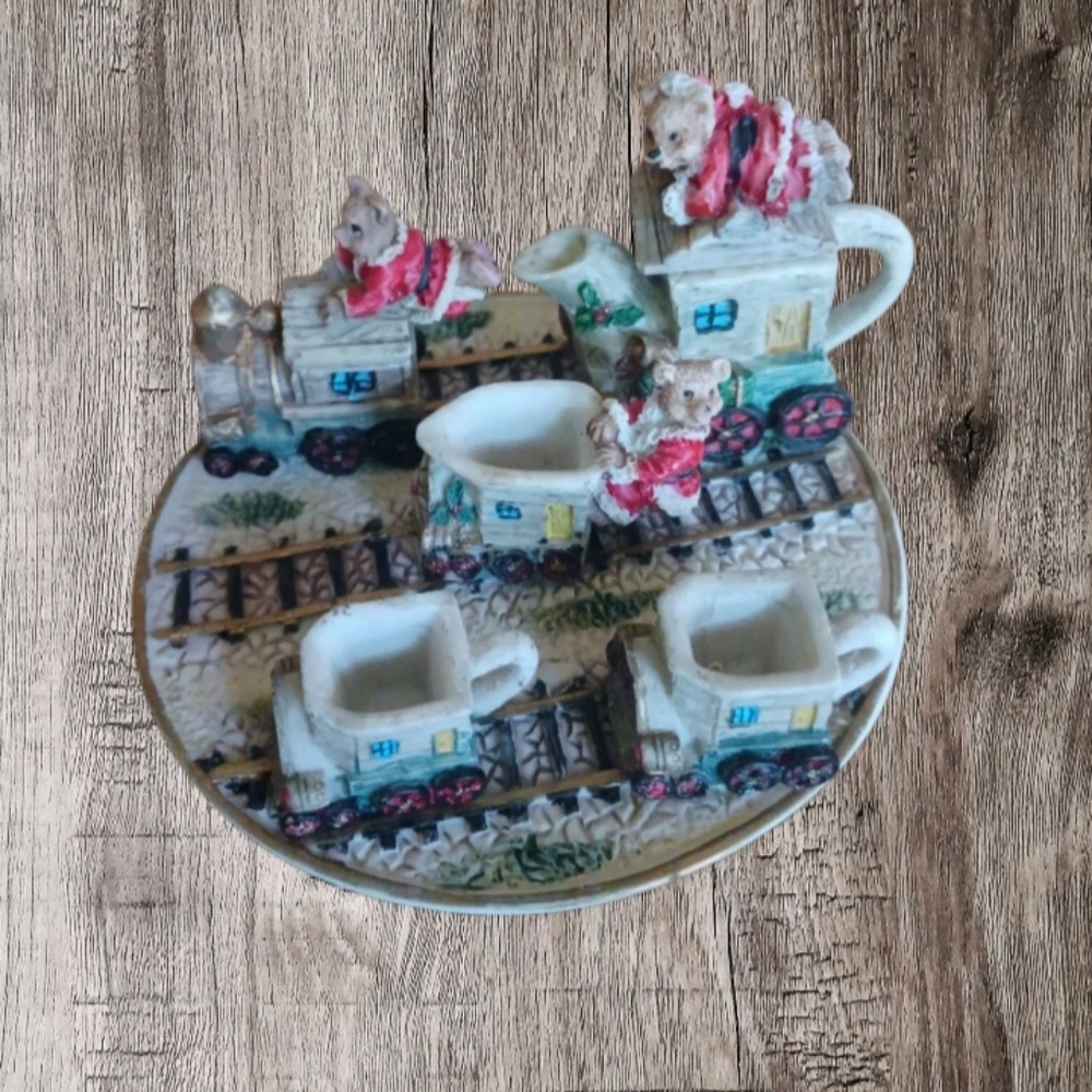 Christmas miniature tea set, Santa bears on top of a train, resin